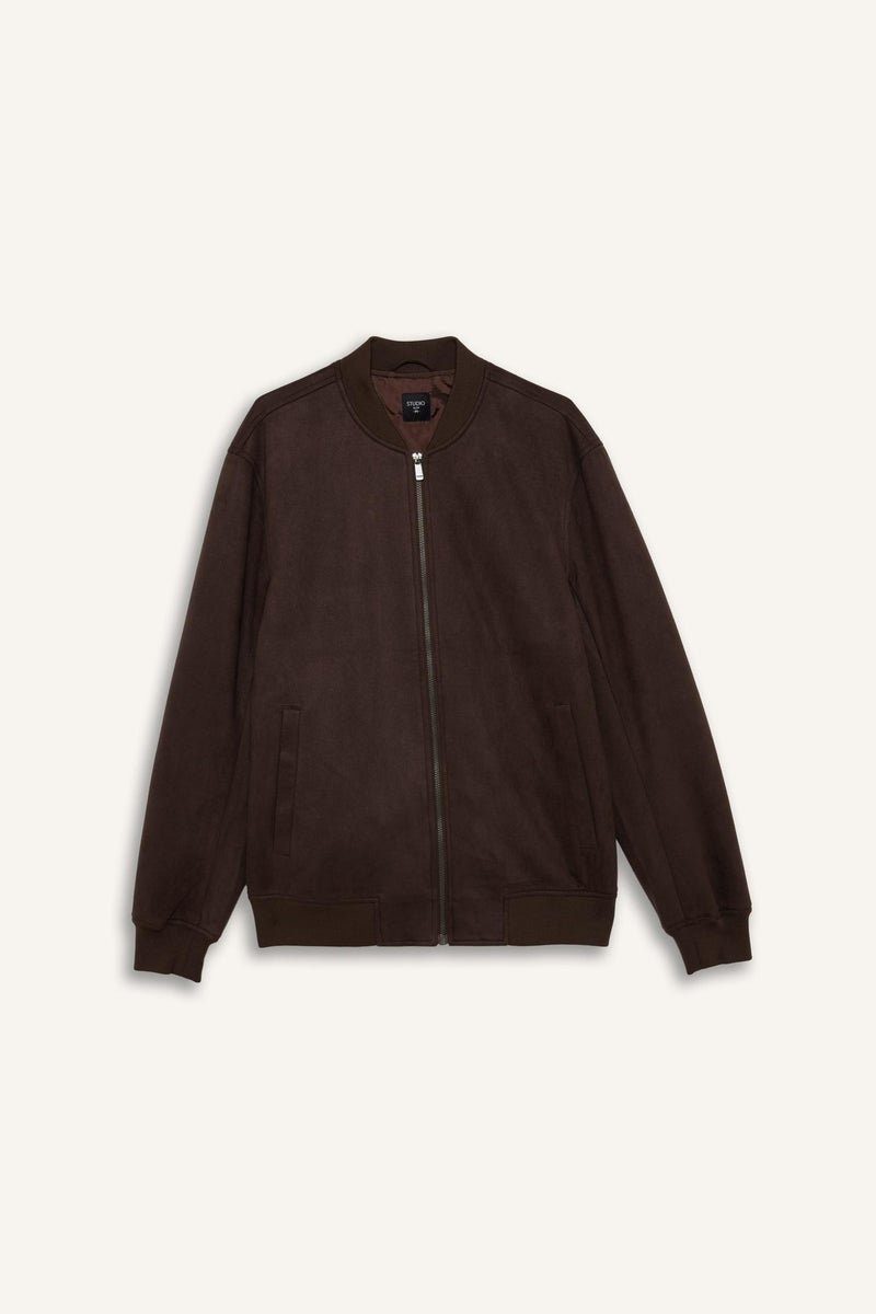 DeFacto Brown Man Slim Fit Lined Suede Lined Bomber Jacket Casual - Image 4